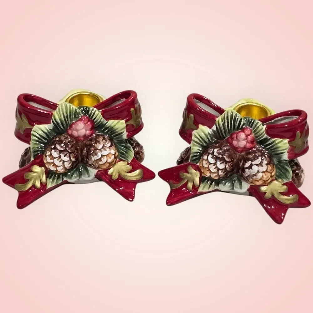 VTG Ceramic Christmas Wreath Candle Holders With Pinecones And Red Bow‎ 3D